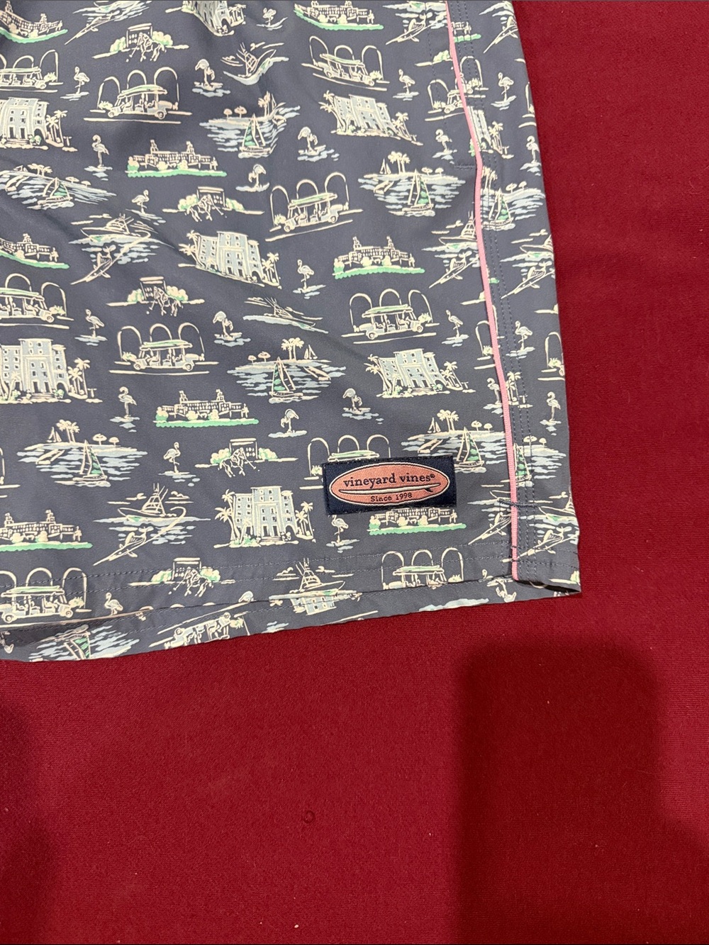 Vineyard Vines Navy Patterned Swim Trunks with Pink Trim - Picture 2 of 4